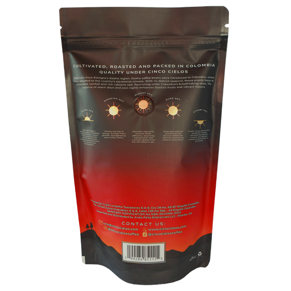 Cinco Cielos back of package with branding and text explaining the traits of each sky in the nurturing of a gesha coffee bean. Image on  on a white background