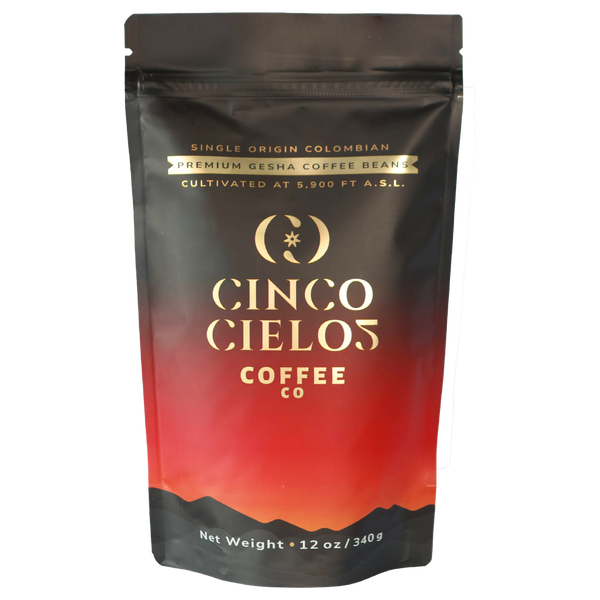 Cinco Cielos Colombian Gesha coffee bag 12 oz with gradient design on a white background