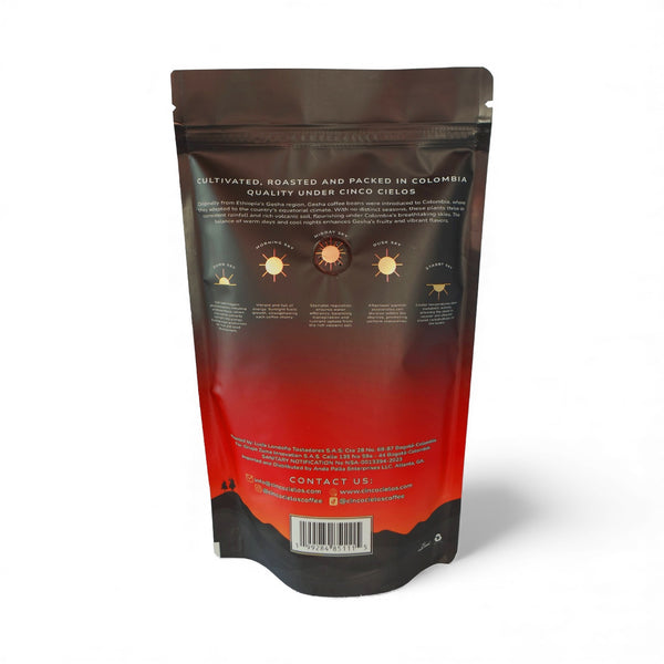 Cinco Cielos Coffee Co. back view of a coffee packaging with text and branding on a white background
