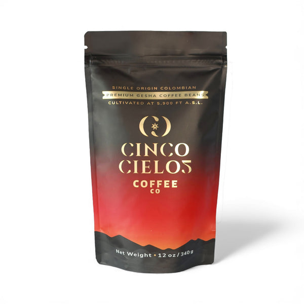 Cinco Cielos Coffee Co packaging with logo inspired by Colombian sun cycles and our roots in cowboy culture