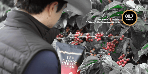 Cinco Cielos Coffee Co. single origin Colombian Premium Gesha coffee beans bag, cultivated at 5,900 ft elevatino in Tolima, Colombia - rated 88.7 points, #1 Coffee 2024 Tolima Coffee Federation